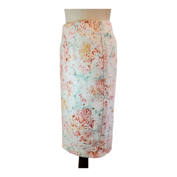 ATTENTION SZ 2 Textured Floral Print Midi Pencil Skirt White Green Red Yellow - Picture 3 of 6